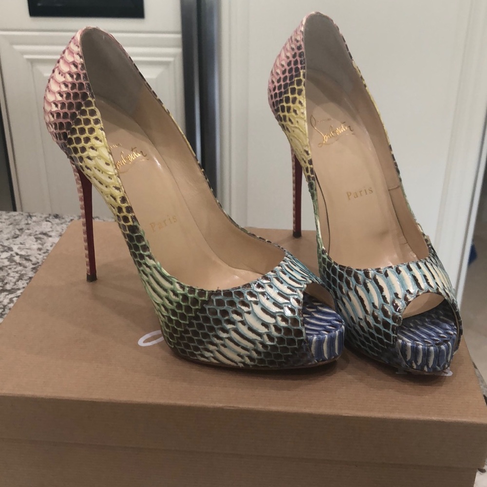Christian Louboutin Multicolor Snakeskin Peep-Toe Pumps with Red Soles